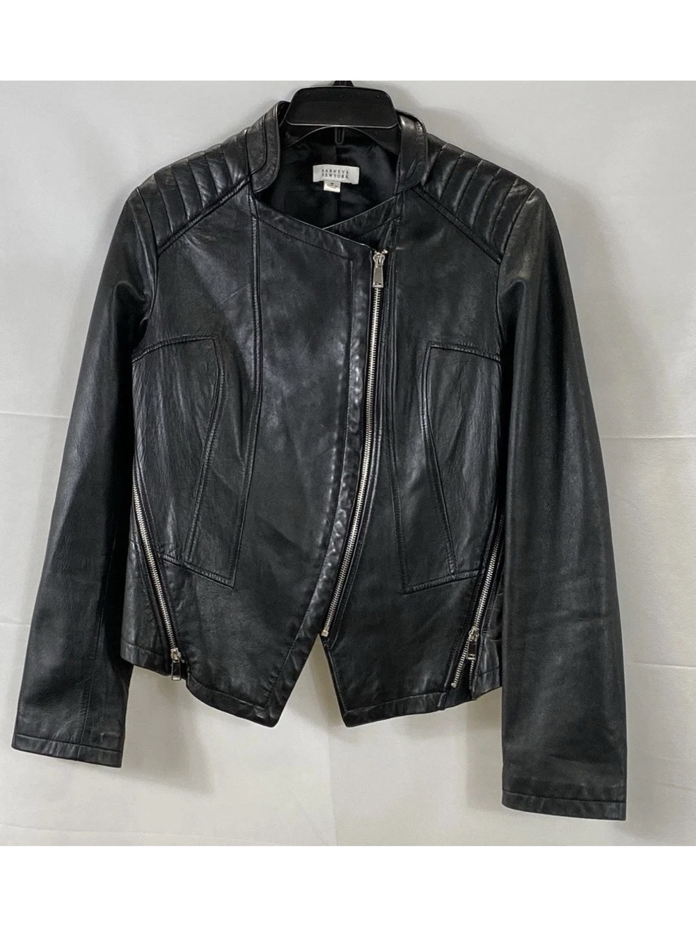 Barney’s New York Black Asymmetric Moto Leather Jacket size Med VGUC